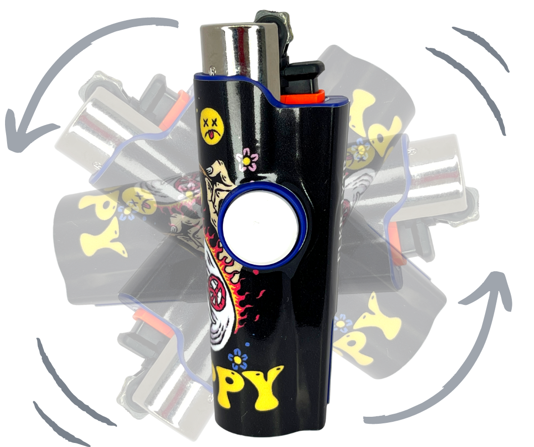 FLKR LYTR Happy Skull lighter featuring a stylish design with a removable flint, metal poker, and bottle opener.