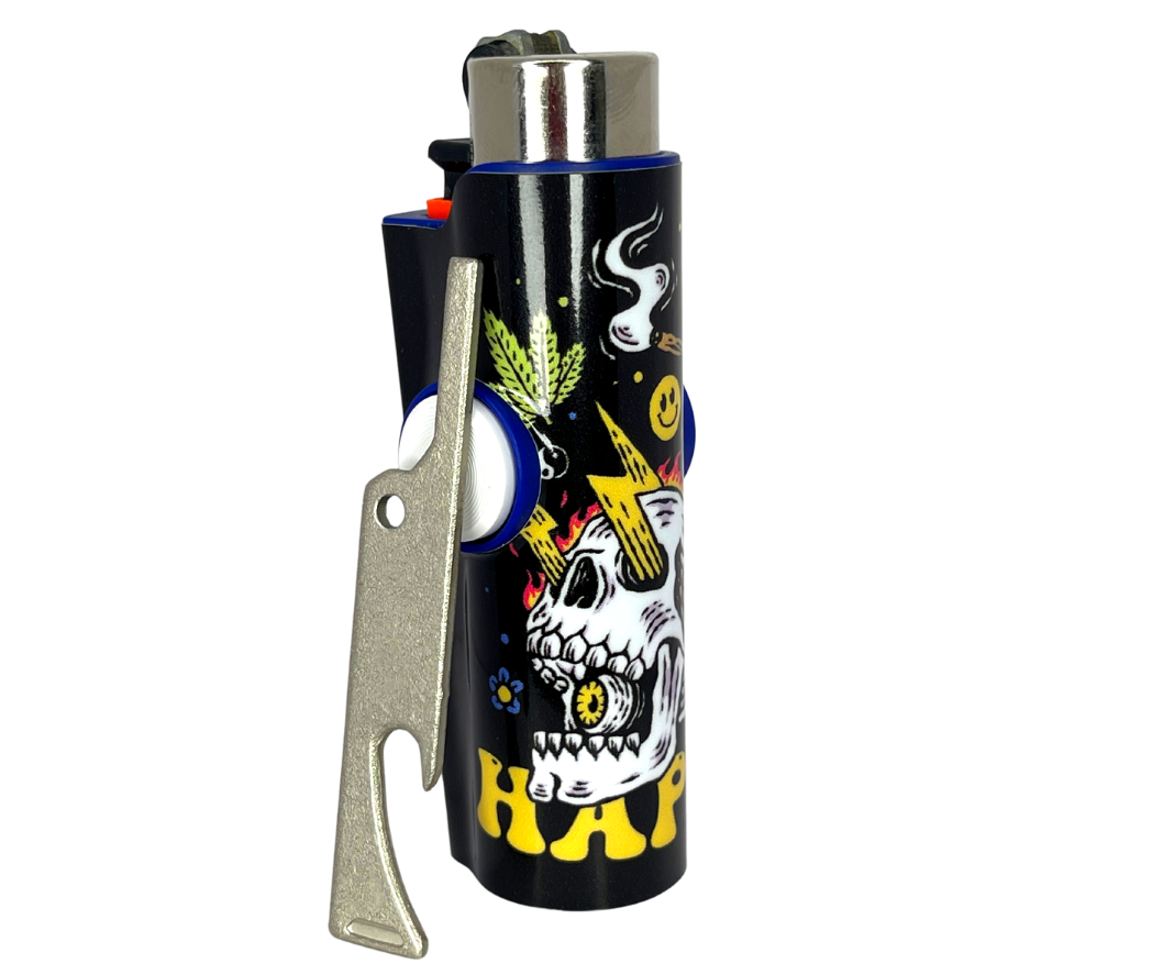 FLKR LYTR Happy Skull lighter featuring a stylish design with a removable flint, metal poker, and bottle opener.