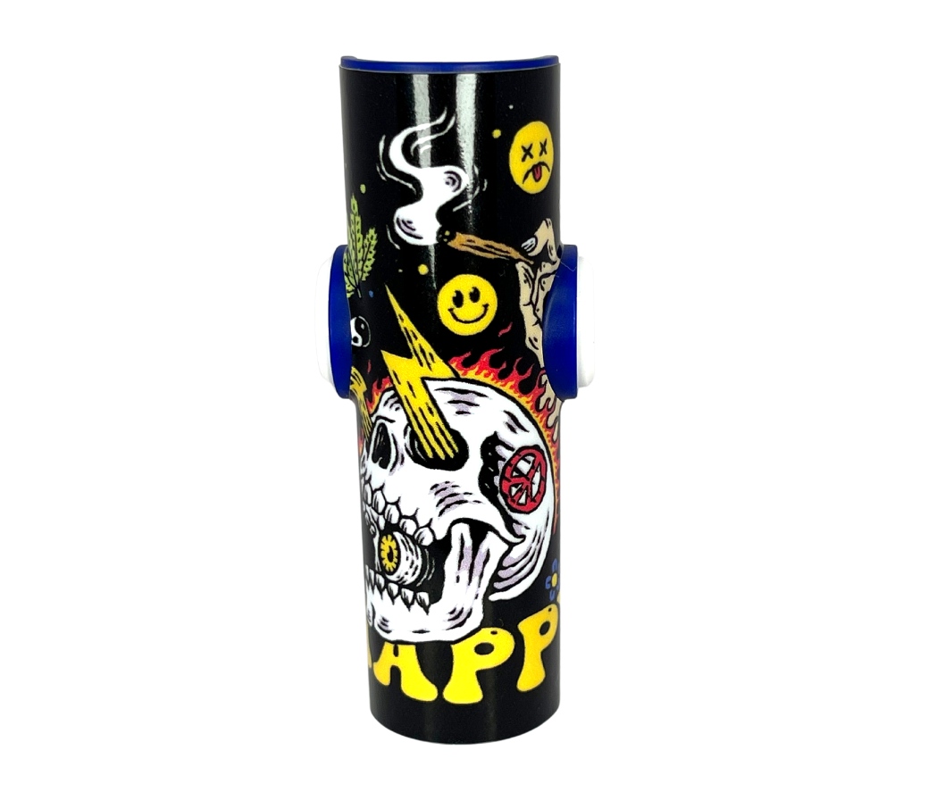 FLKR LYTR Happy Skull lighter featuring a stylish design with a removable flint, metal poker, and bottle opener.