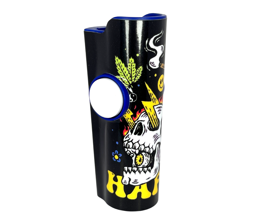 FLKR LYTR Happy Skull lighter featuring a stylish design with a removable flint, metal poker, and bottle opener.