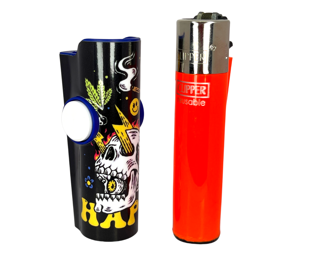 FLKR LYTR Happy Skull lighter featuring a stylish design with a removable flint, metal poker, and bottle opener.