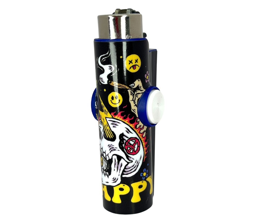 FLKR LYTR Happy Skull lighter featuring a stylish design with a removable flint, metal poker, and bottle opener.