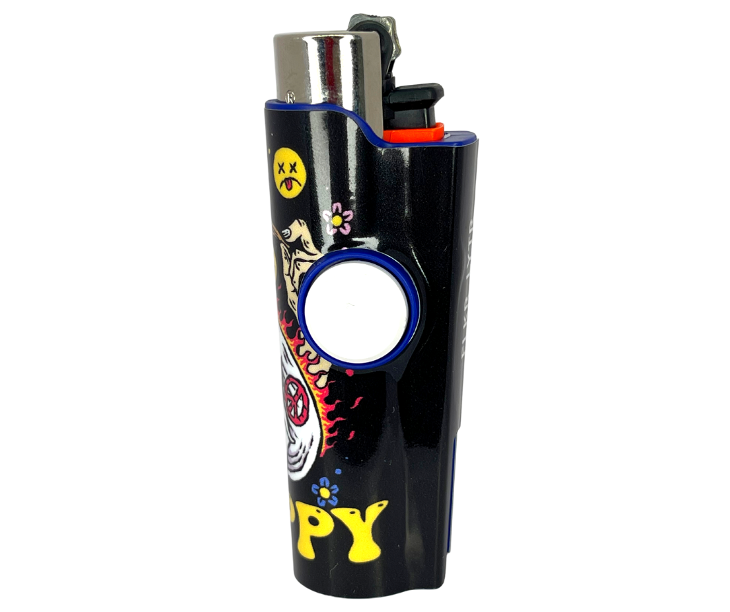 FLKR LYTR Happy Skull lighter featuring a stylish design with a removable flint, metal poker, and bottle opener.