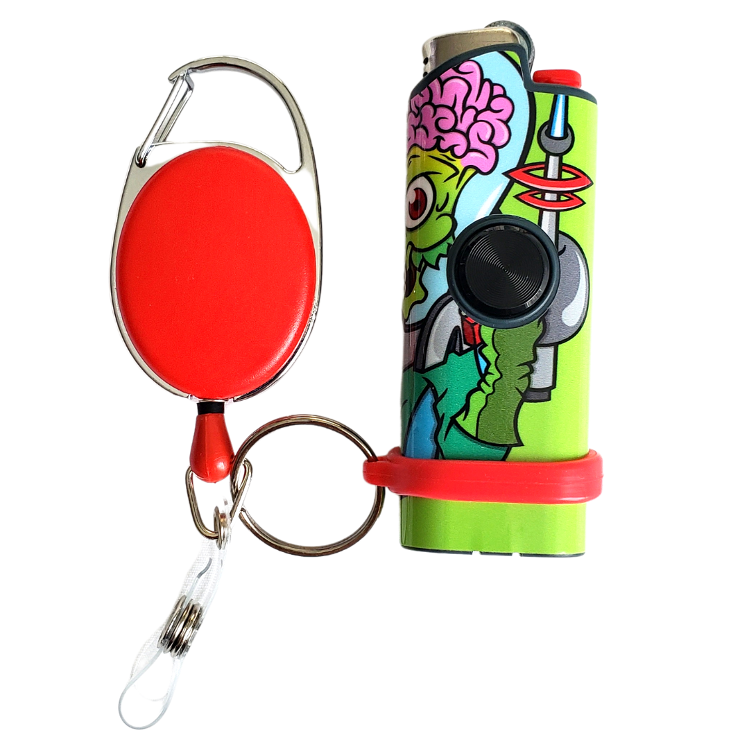 FLKR LYTR Heavy Duty Retractable Leash in multiple colors including red, blue, green, black, and yellow, showcasing its compact design and keychain clip.