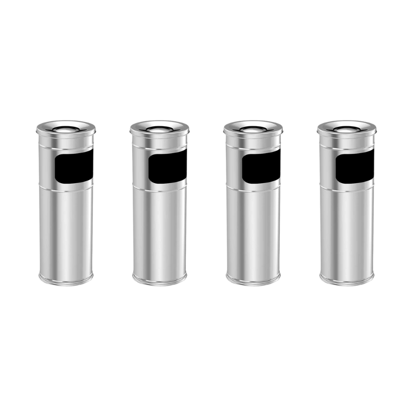 Set of four SMOKEY floor ashtrays made of stainless steel, measuring 28x28x60cm each, designed for outdoor use.