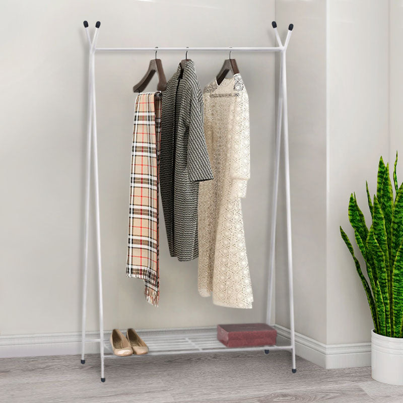 ROGER White Floor Hanger with a sleek metallic design, featuring a bottom shelf for added storage, ideal for home or business use.