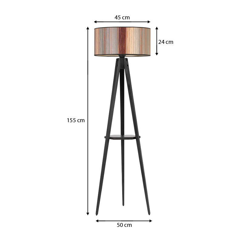 Floor lamp ANIKE in black and brown, featuring a wooden base, fabric shade, and a shelf for decorative items.