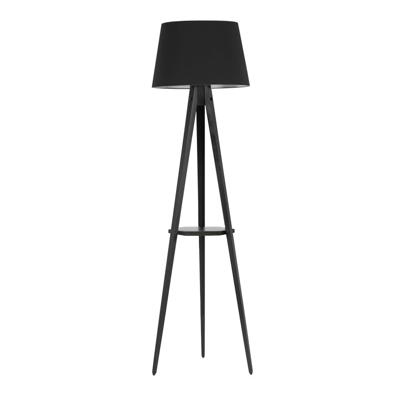 CARRA Black Floor Lamp featuring a sleek design with a black wood base and fabric shade, standing 160 cm tall with a decorative shelf.