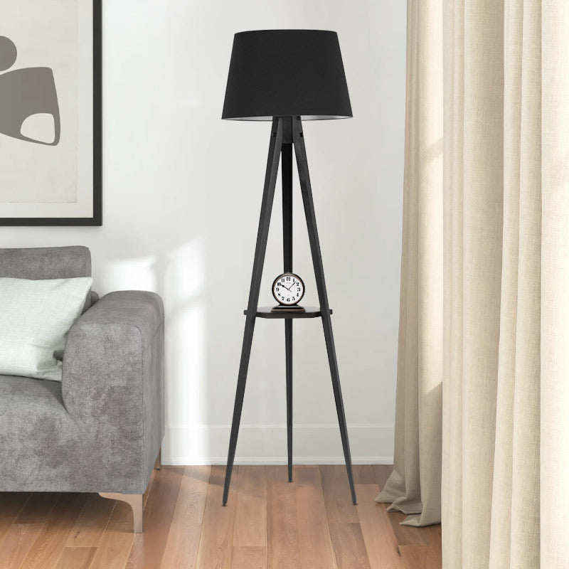 CARRA Black Floor Lamp featuring a sleek design with a black wood base and fabric shade, standing 160 cm tall with a decorative shelf.