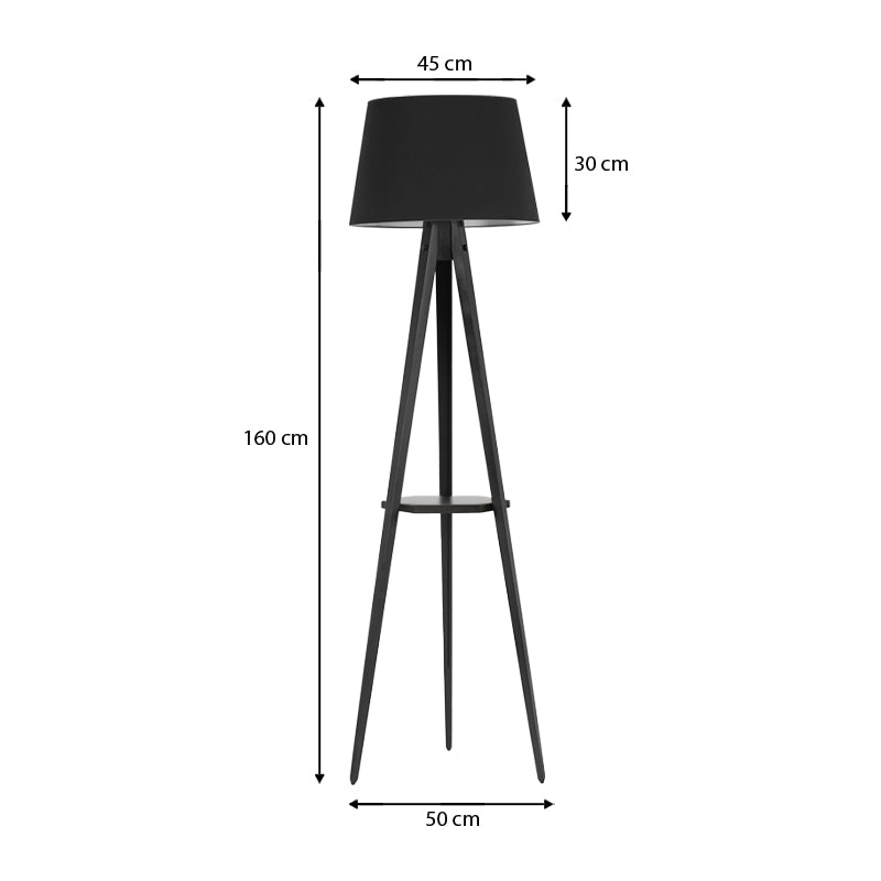 CARRA Black Floor Lamp featuring a sleek design with a black wood base and fabric shade, standing 160 cm tall with a decorative shelf.