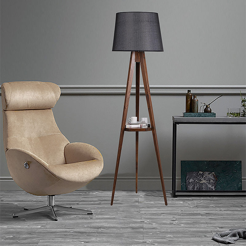 CARRA Floor Lamp in walnut and anthracite, featuring a stylish design with a fabric shade and a convenient shelf.