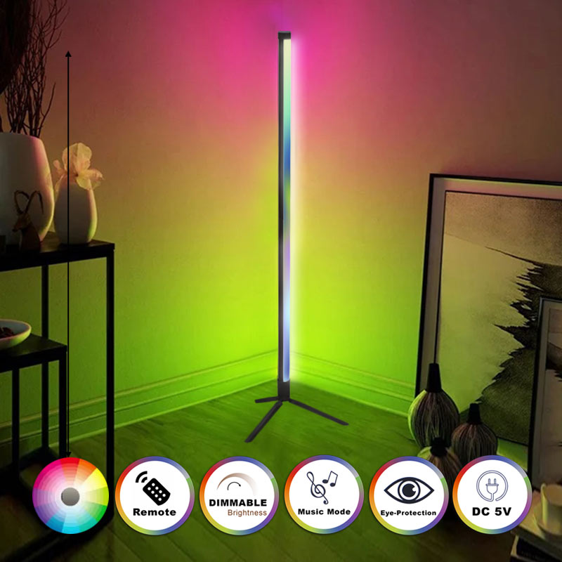 Black HARMONY Floor Lamp with wireless control, showcasing RGB LED lights and sleek aluminum design.