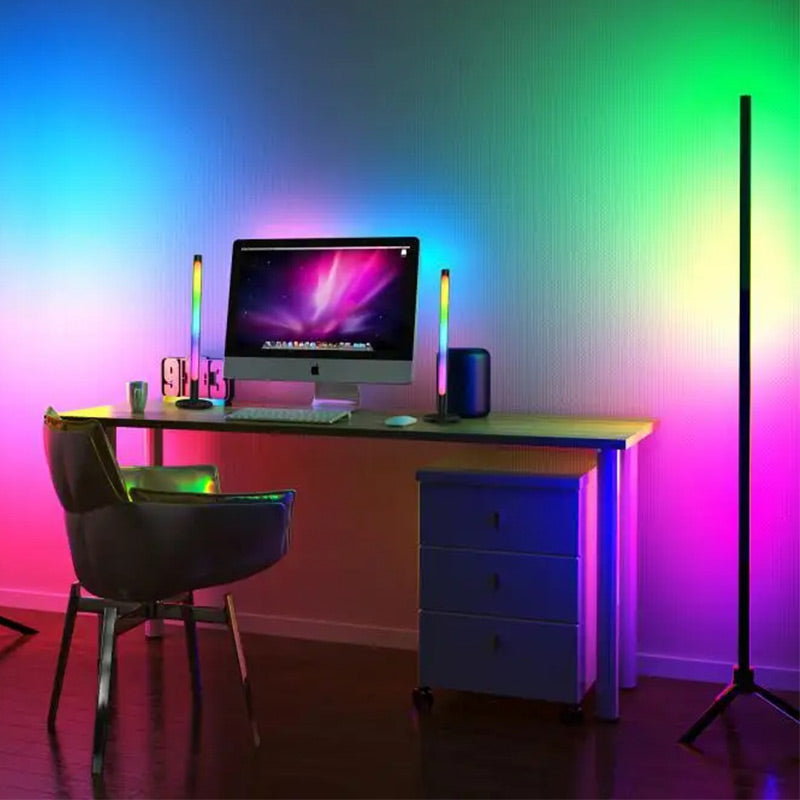 Black HARMONY Floor Lamp with wireless control, showcasing RGB LED lights and sleek aluminum design.