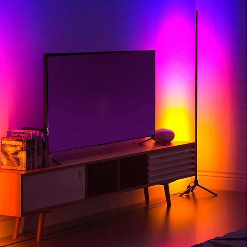 Black HARMONY Floor Lamp with wireless control, showcasing RGB LED lights and sleek aluminum design.