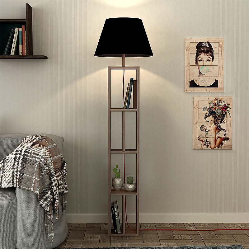 Stylish LIGHTHOUSE Floor Lamp in dark coffee and black, featuring a melamine body and fabric lampshade.