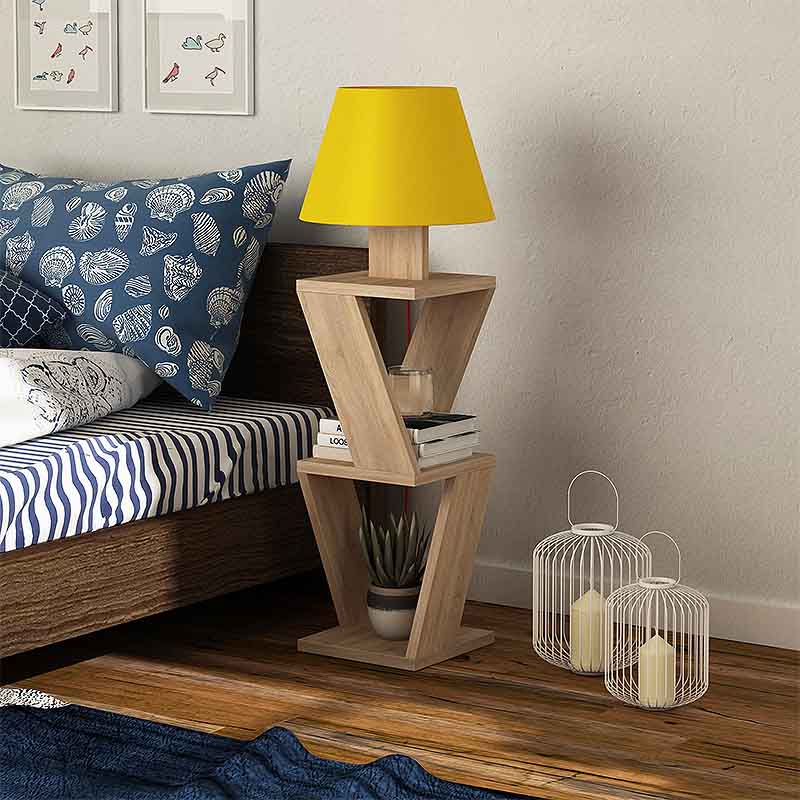 IBIZA Floor Lamp in natural beech and yellow fabric, standing 85cm tall with a stylish design, perfect for home or office use.