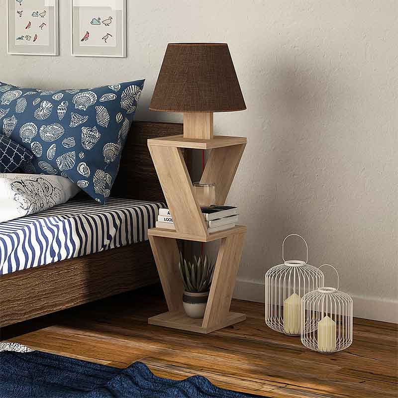 IBIZA Floor Lamp in natural beech and brown, showcasing its elegant design and fabric shade.