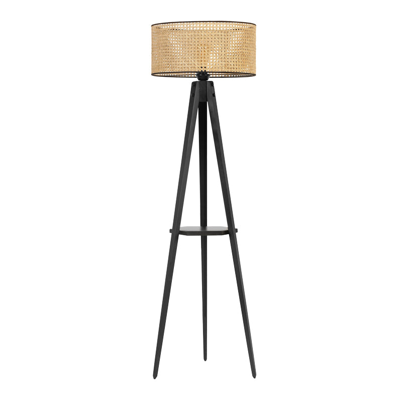 Floor lamp ANIKE in black and natural wood finish, featuring a fabric shade and a built-in shelf, standing 155 cm tall.