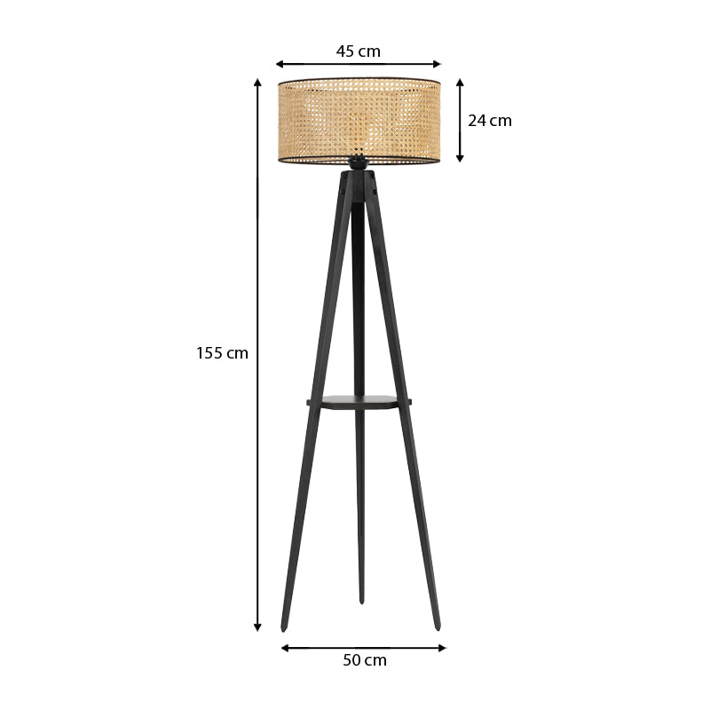 Floor lamp ANIKE in black and natural wood finish, featuring a fabric shade and a built-in shelf, standing 155 cm tall.