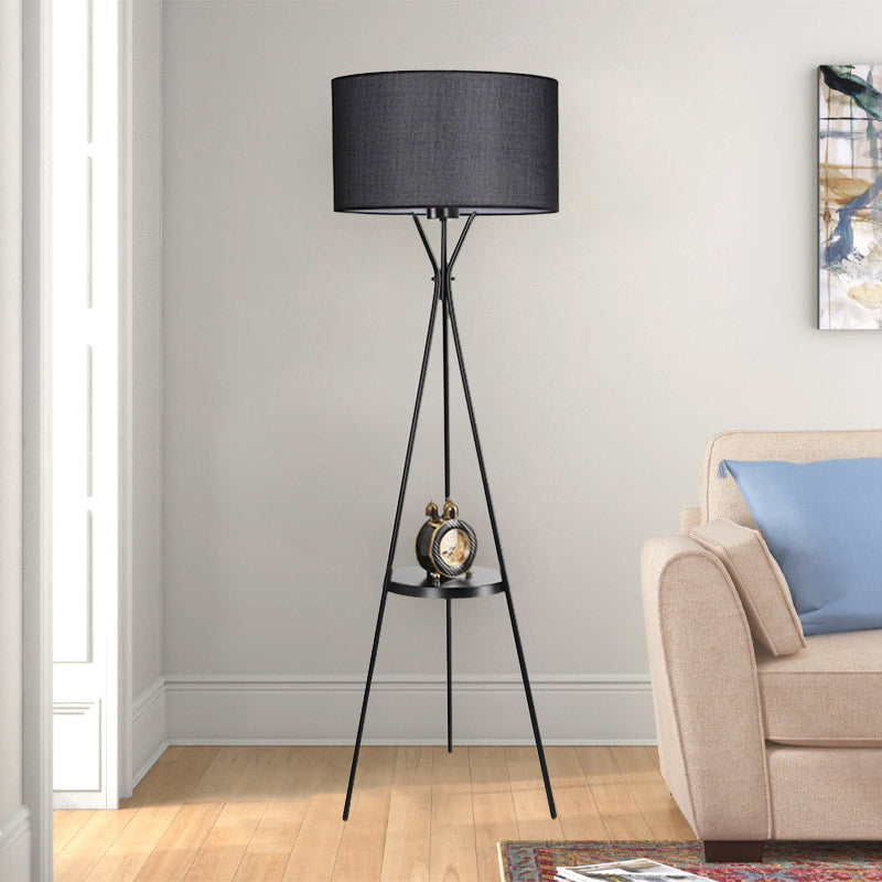 GISELLE Black Floor Light, 50x45x158cm, featuring a stylish metal and fabric design with a shelf.