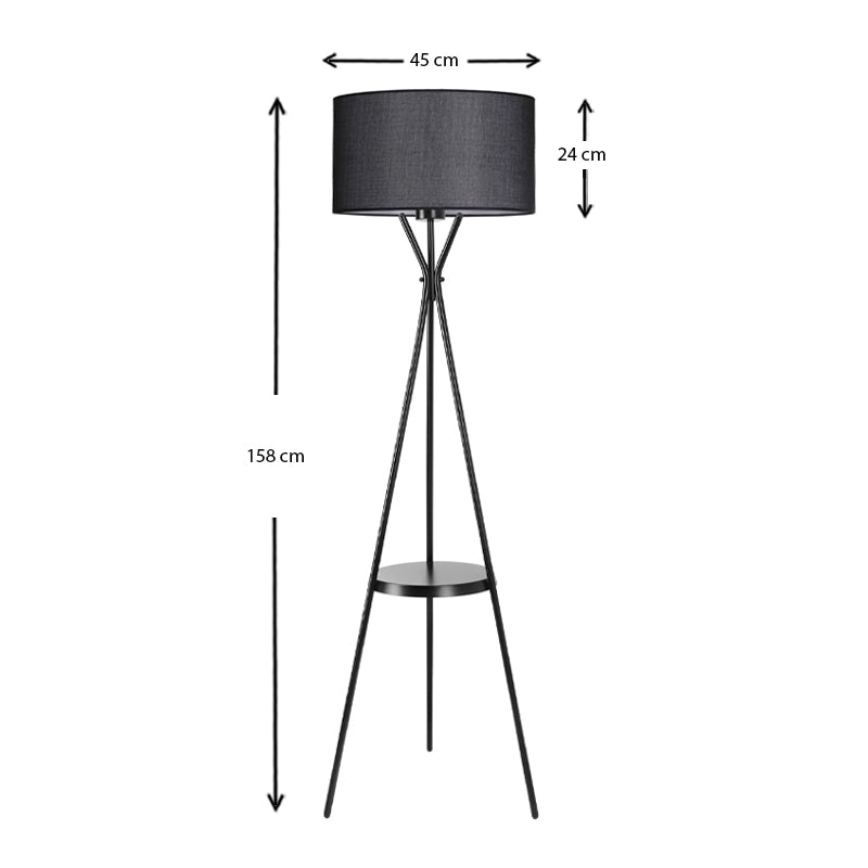 GISELLE Black Floor Light, 50x45x158cm, featuring a stylish metal and fabric design with a shelf.