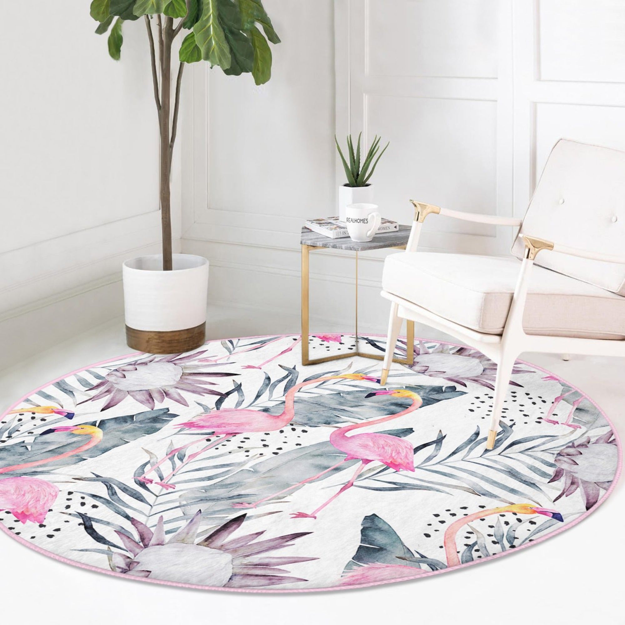 A vibrant round rug featuring a floral and flamingo pattern, perfect for living room decor.