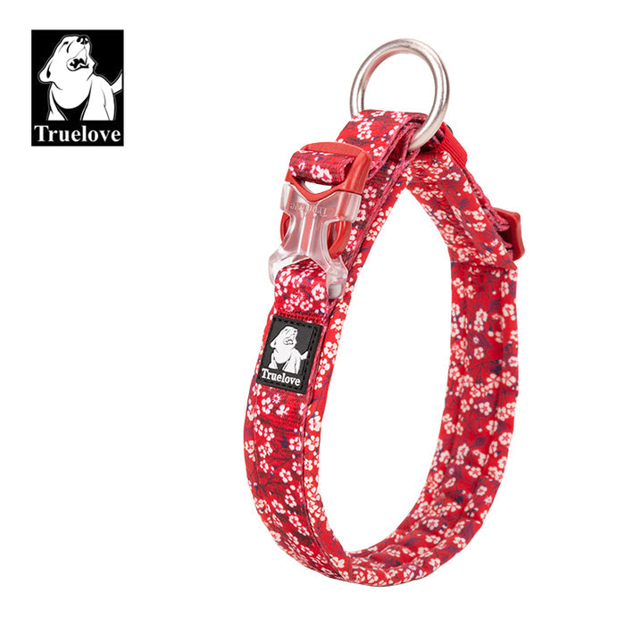 Floral dog collar in poppy red with padded design and durable snap buckle.