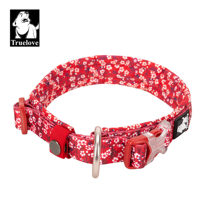 Floral dog collar in poppy red with padded design and durable snap buckle.