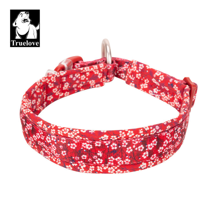 Floral dog collar in poppy red with padded design and durable snap buckle.