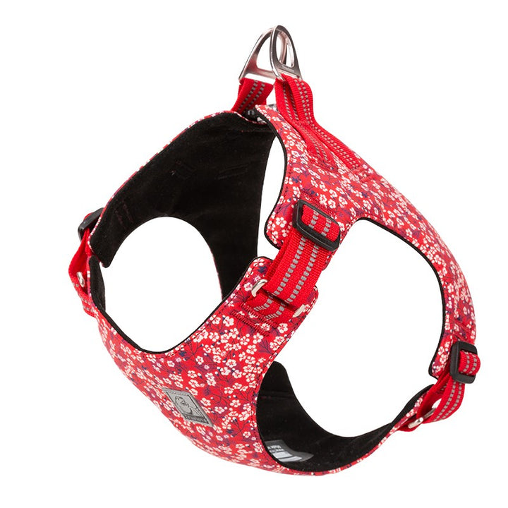 Floral Doggy Harness in red with floral patterns, featuring adjustable straps and a rust-proof aluminum D buckle.