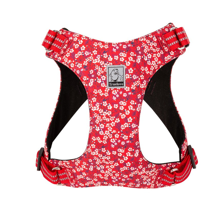 Floral Doggy Harness in red with floral patterns, featuring adjustable straps and a rust-proof aluminum D buckle.