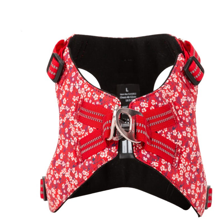 Floral Doggy Harness in red with floral patterns, featuring adjustable straps and a rust-proof aluminum D buckle.