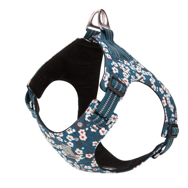 Floral Doggy Harness Saxony Blue 2XS featuring a vibrant floral pattern, adjustable straps, and a rust-proof aluminum D buckle.