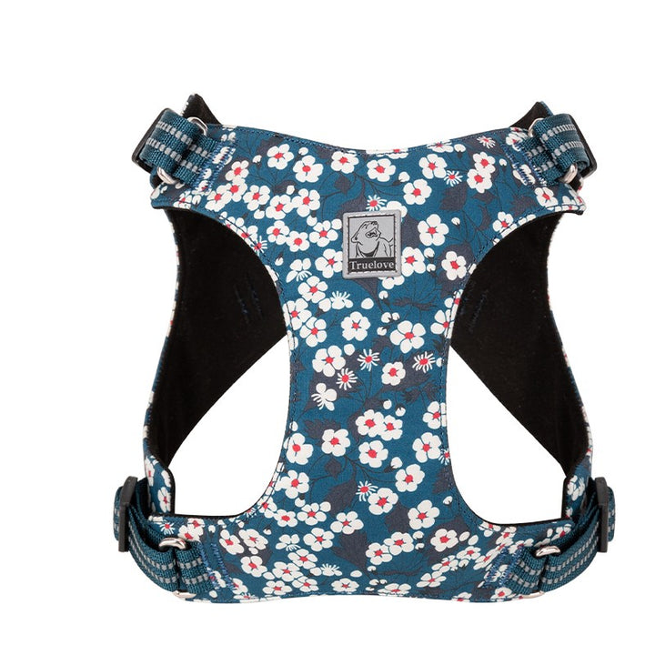 Floral Doggy Harness Saxony Blue 2XS featuring a vibrant floral pattern, adjustable straps, and a rust-proof aluminum D buckle.