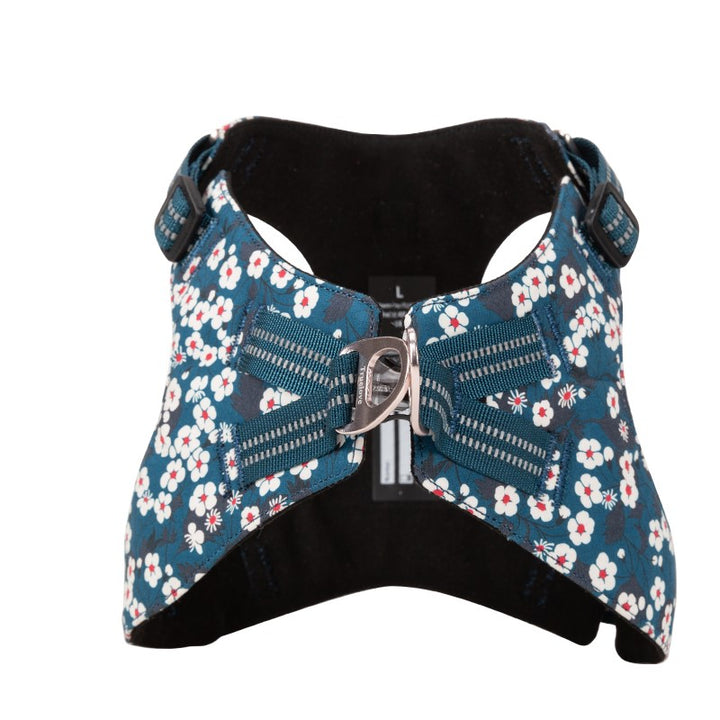 Floral Doggy Harness Saxony Blue 2XS featuring a vibrant floral pattern, adjustable straps, and a rust-proof aluminum D buckle.