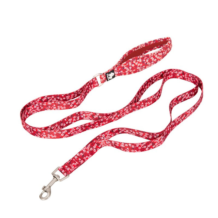 Floral Multi Handle in Poppy Red featuring a soft neoprene grip and zinc alloy snap hook, perfect for stylish pet walks.