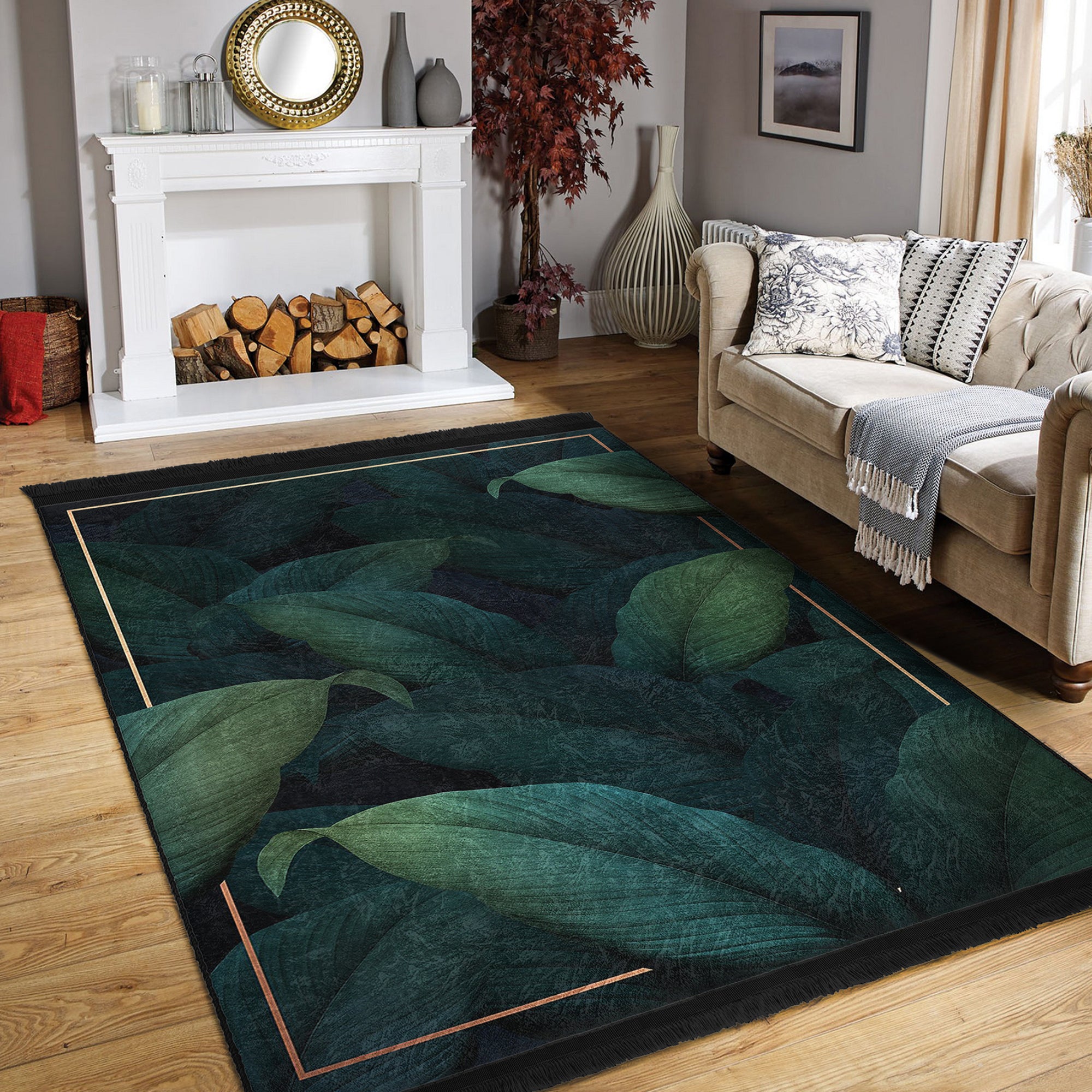 Luxurious green floral pattern area rug with fringes, showcasing vibrant colors and soft texture, perfect for home decor.