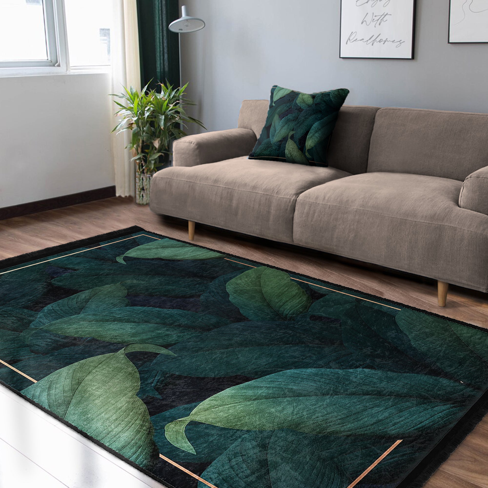 Luxurious green floral pattern area rug with fringes, showcasing vibrant colors and soft texture, perfect for home decor.