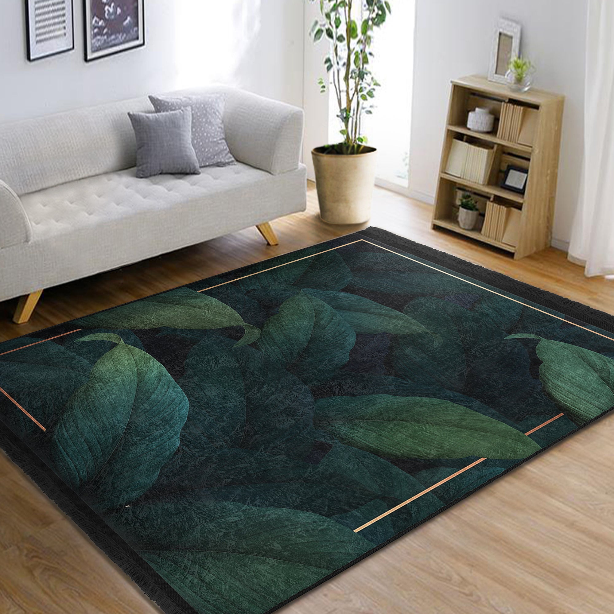 Luxurious green floral pattern area rug with fringes, showcasing vibrant colors and soft texture, perfect for home decor.