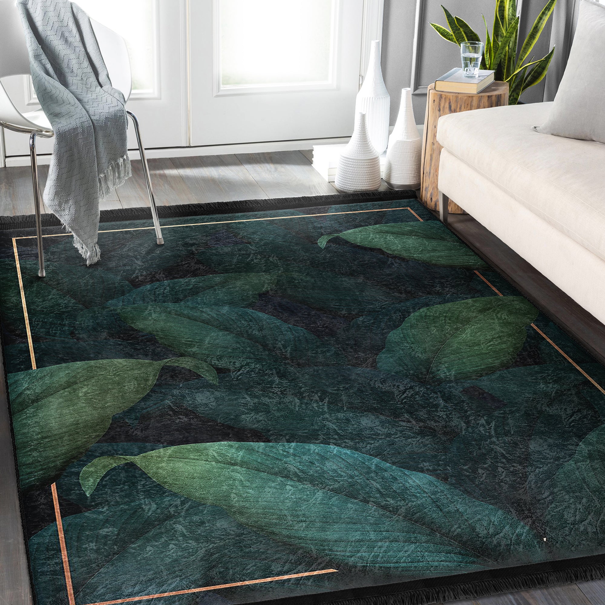 Luxurious green floral pattern area rug with fringes, showcasing vibrant colors and soft texture, perfect for home decor.