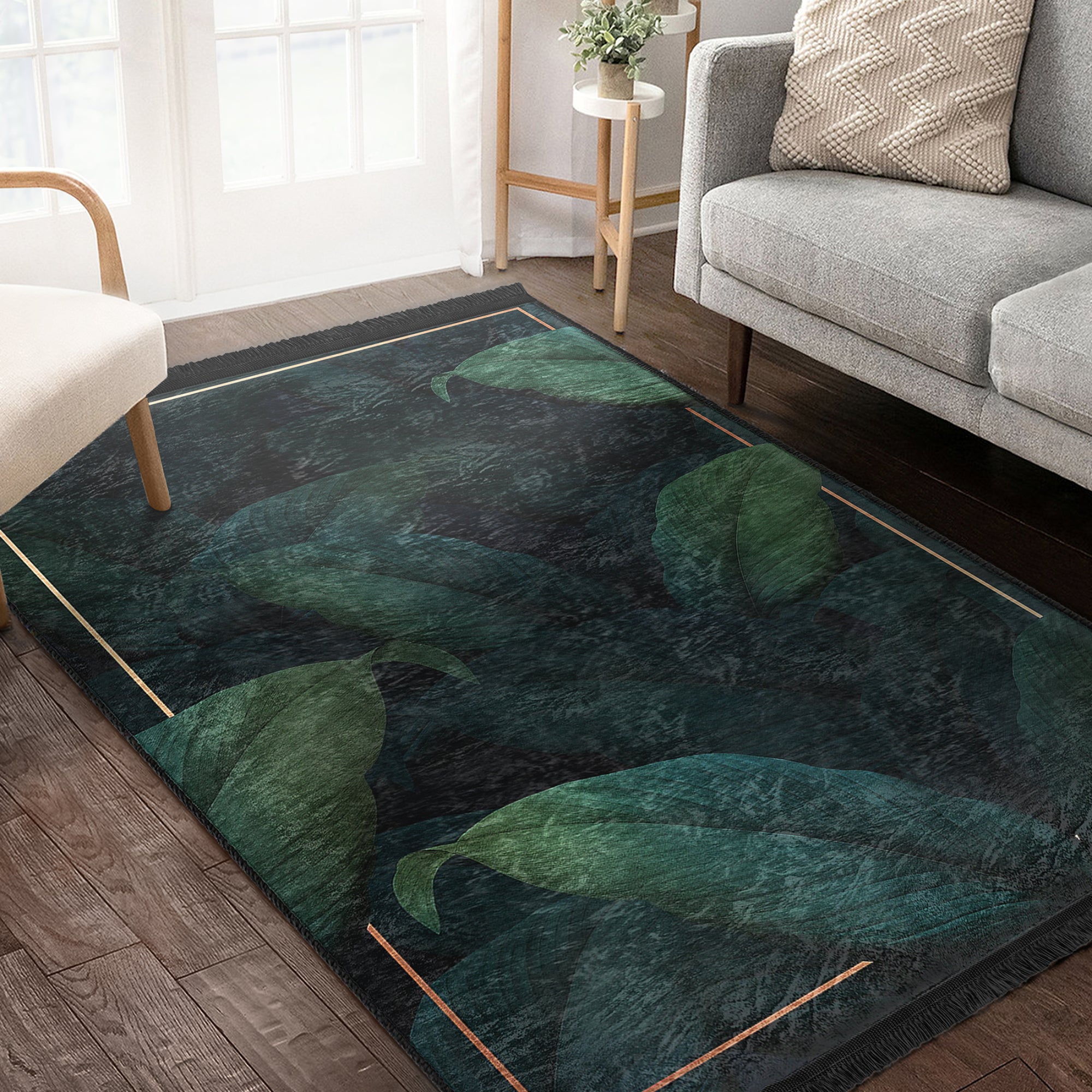 Luxurious green floral pattern area rug with fringes, showcasing vibrant colors and soft texture, perfect for home decor.