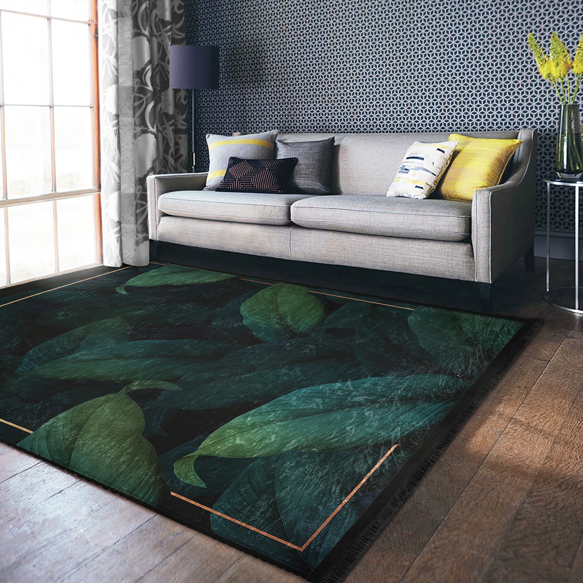 Luxurious green floral pattern area rug with fringes, showcasing vibrant colors and soft texture, perfect for home decor.