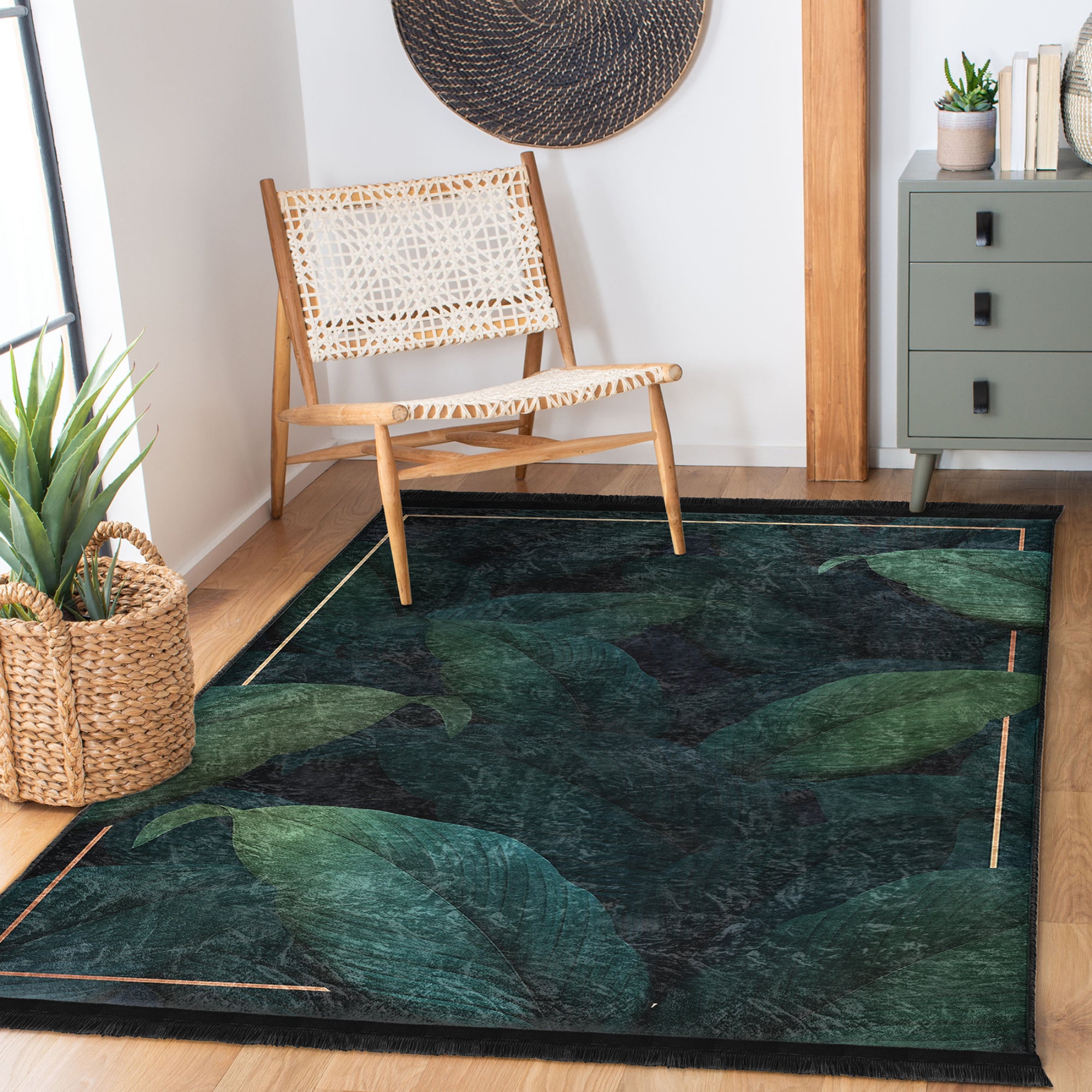 Luxurious green floral pattern area rug with fringes, showcasing vibrant colors and soft texture, perfect for home decor.