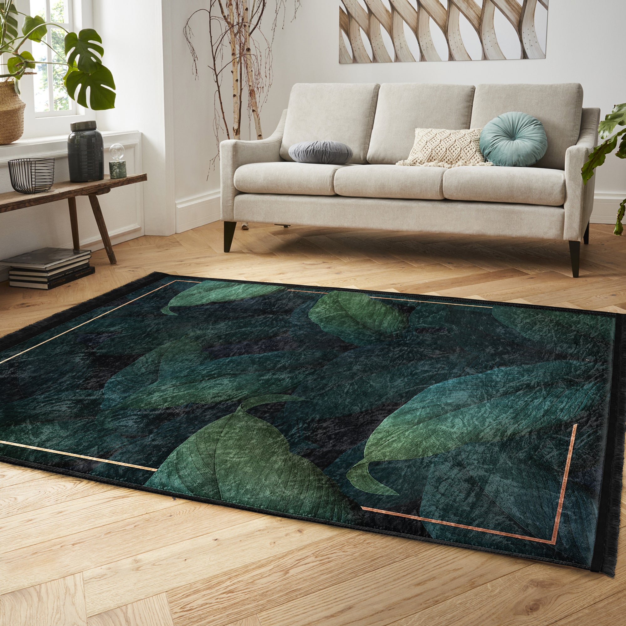 Luxurious green floral pattern area rug with fringes, showcasing vibrant colors and soft texture, perfect for home decor.