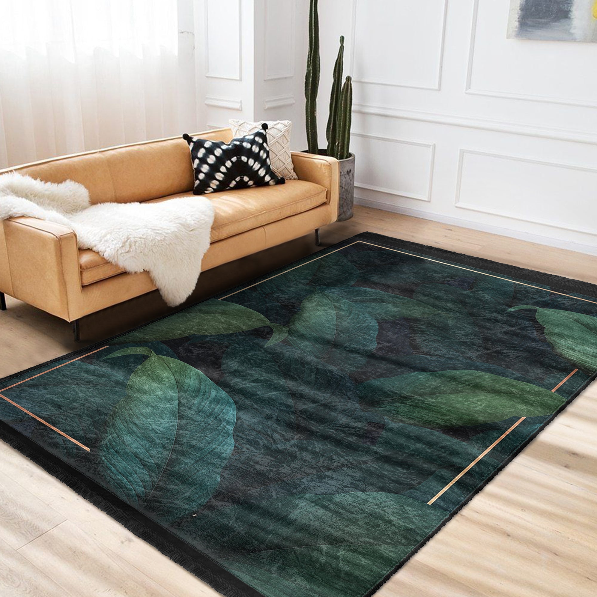 Luxurious green floral pattern area rug with fringes, showcasing vibrant colors and soft texture, perfect for home decor.