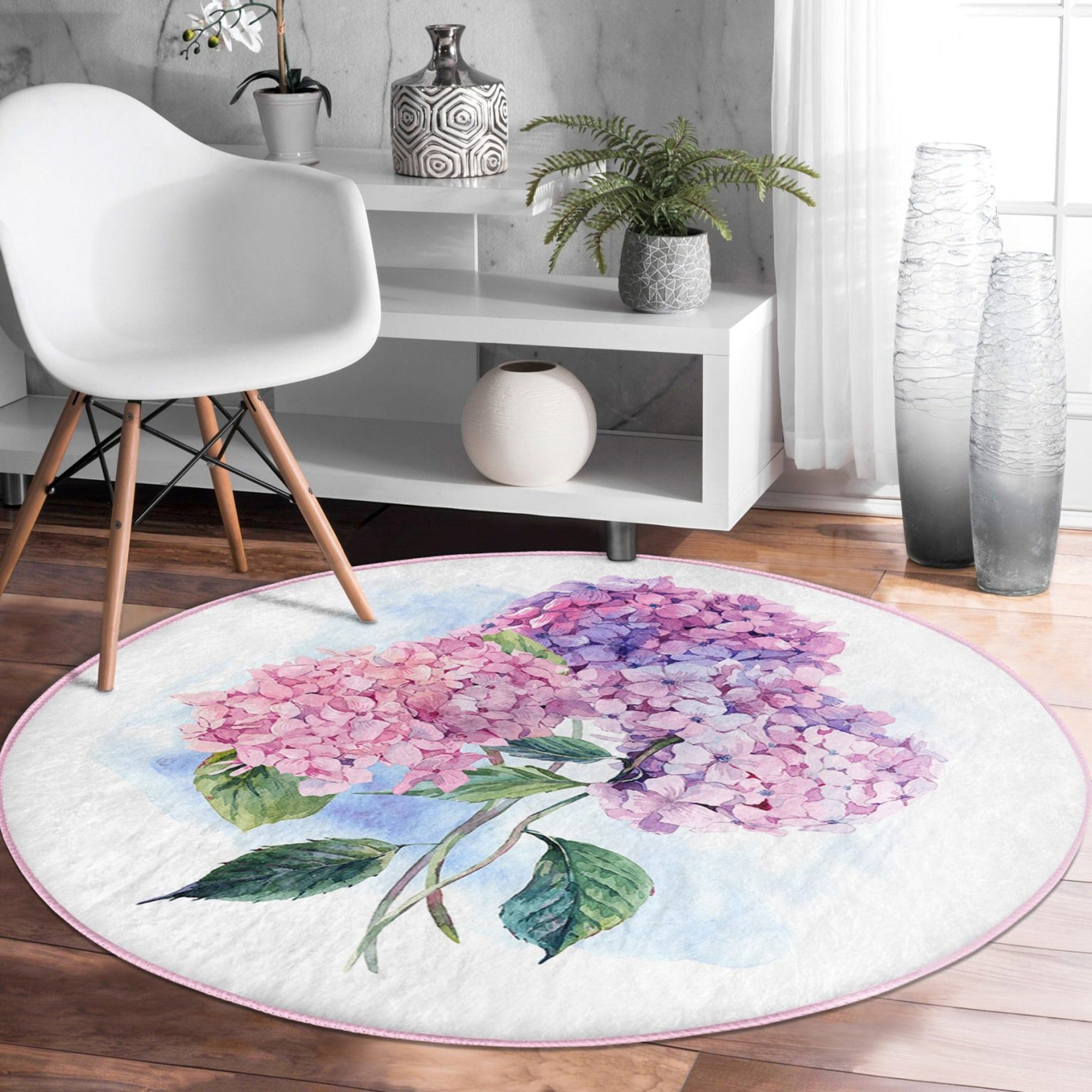 Floral Patterned Decorative Round Rug showcasing vibrant floral designs, soft velvet texture, and round shape, ideal for living room decor.