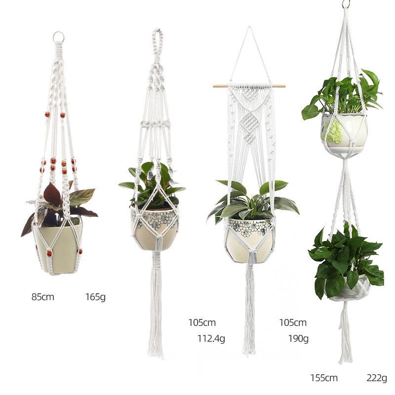 Vintage handmade macrame plant hanging basket made of cotton, featuring intricate braided design suitable for various flower pots.