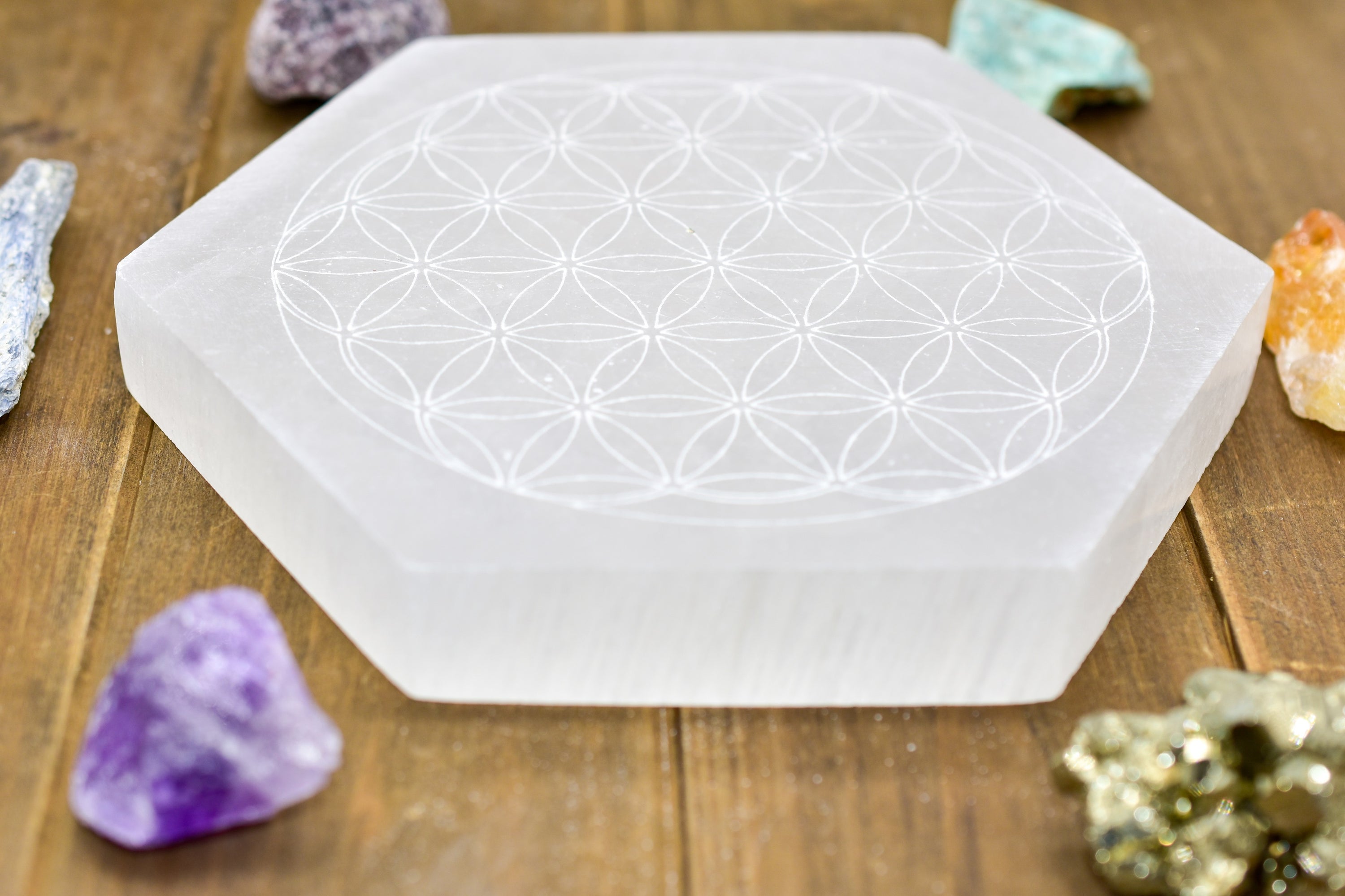 Flower of Life Laser Engraved Selenite Plates in hexagon and round shapes, polished finish, ideal for crystal charging.