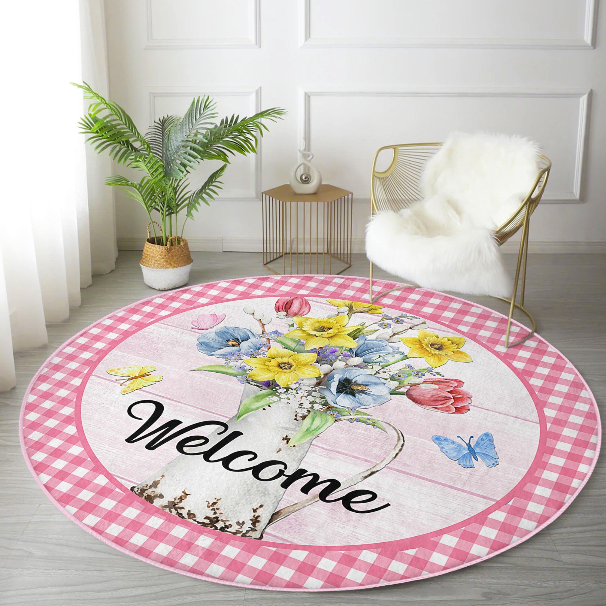 A vibrant round rug featuring a colorful flower pattern and a welcoming sign, perfect for home decor.