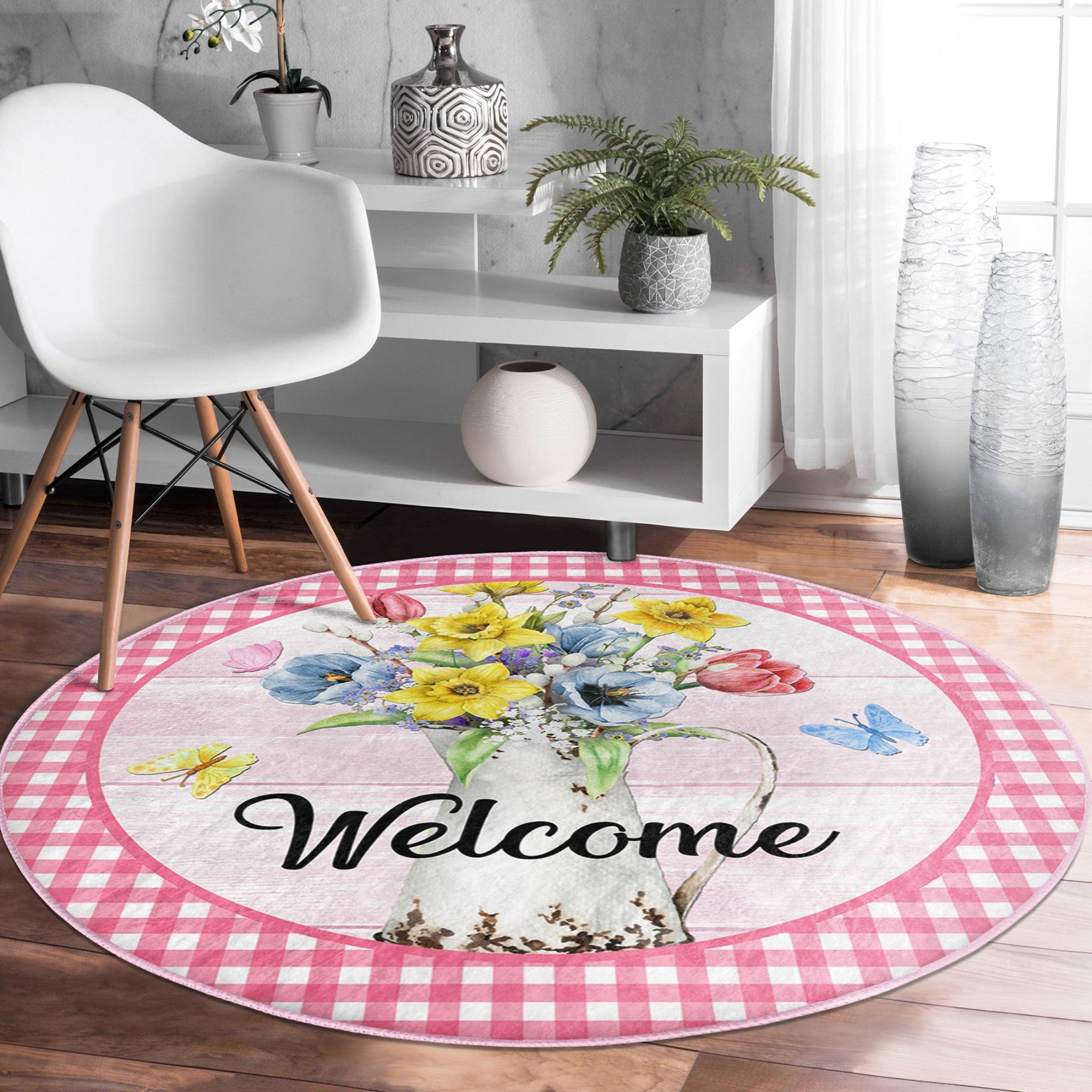 A vibrant round rug featuring a colorful flower pattern and a welcoming sign, perfect for home decor.